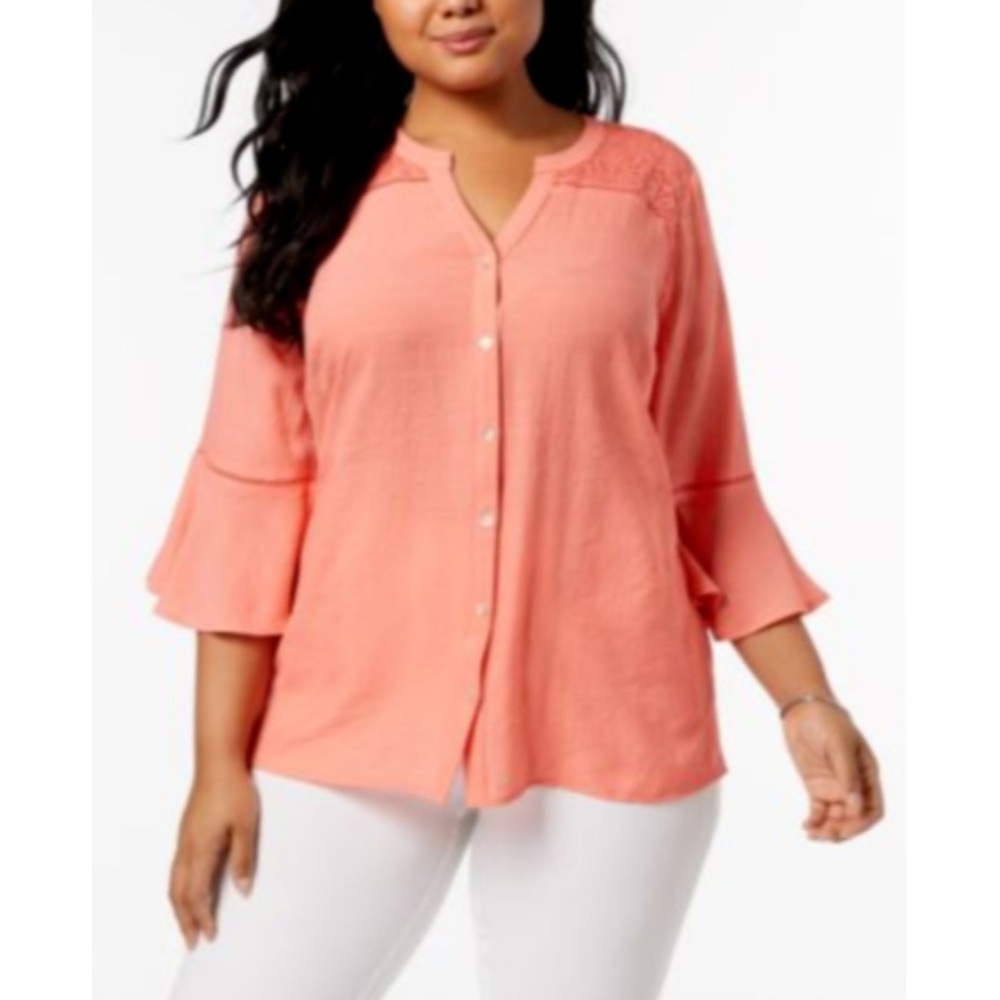 NY Collection Plus Sz 1X Pink Lace-Trim Blouse Top